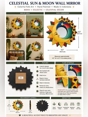 Celestial Sun Moon Wall Mirror Folk Art Hand Painted Made in Indonesia Boho Deco